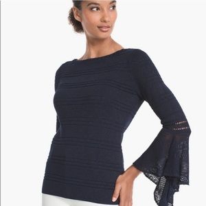 WHBM Navy Blue Bell Sleeve Top